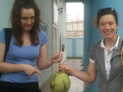 Jovana and Sondy display the MEST coconut